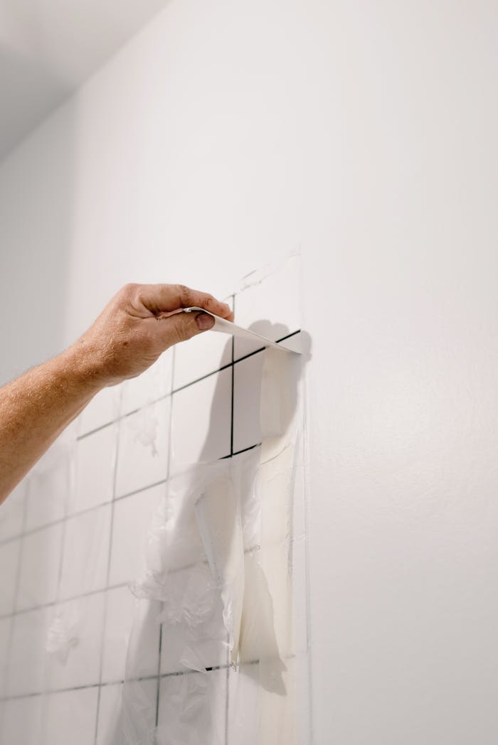 Crop anonymous male doing renovation works in room with tiled walls at home